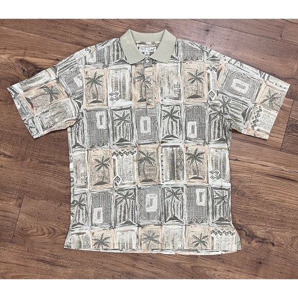 Tori Richard Cotton Lawn Palm Tree Tribal Hawaiian Mens Large Polo Shirt Beach - Picture 2 of 9